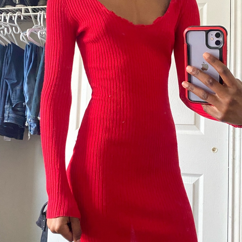 Red Ribbed Knit Dress long sleeve striped fitted stretchy